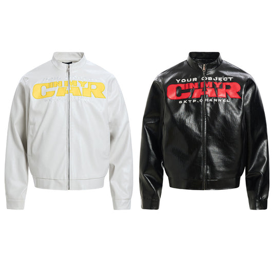 American Street Motorcycle Style Letter Patchwork PU Leather Jacket
