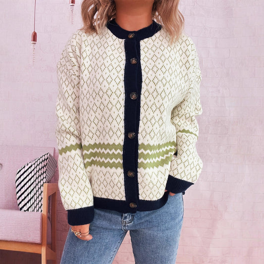 Retro Rhombus Contrast Color Round Neck Long-sleeved Knitted Sweater