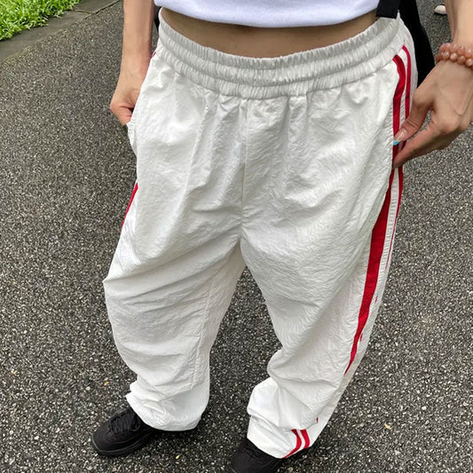 Casual Straight Pants Women's Summer Thin High Waist Striped Stitching Style Wide Leg Loose Track Pants