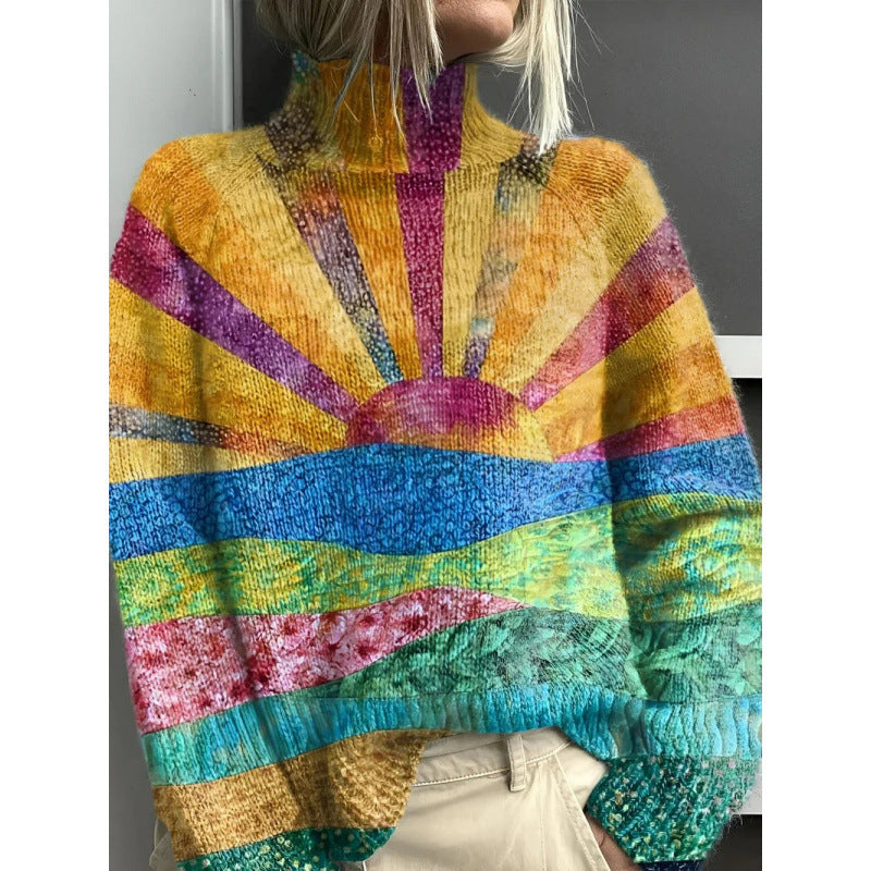 Printed Casual Turtleneck Bedford Cord Sweater