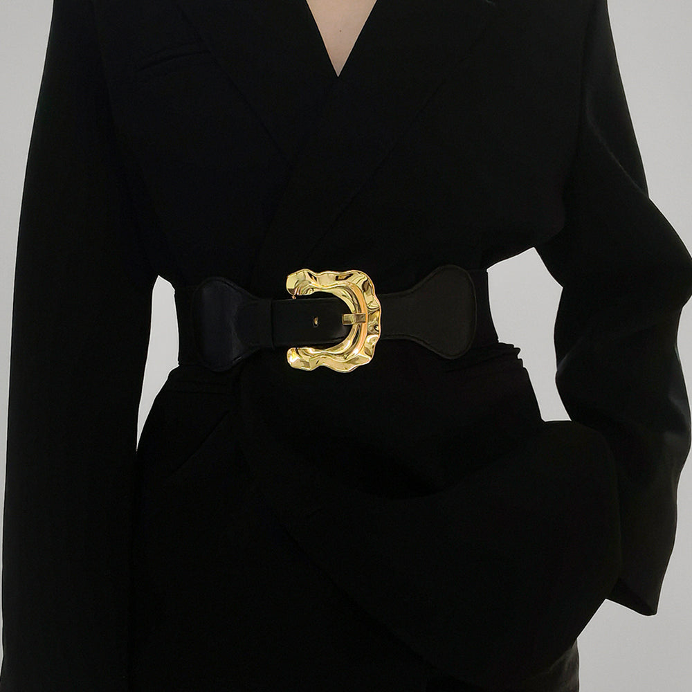 New Autumn And Winter Women's Wide Belt Elastic Elastic Irregular Flanged Alloy Buttonhead Smooth With Shirt Sweater Jacket Waist Seal