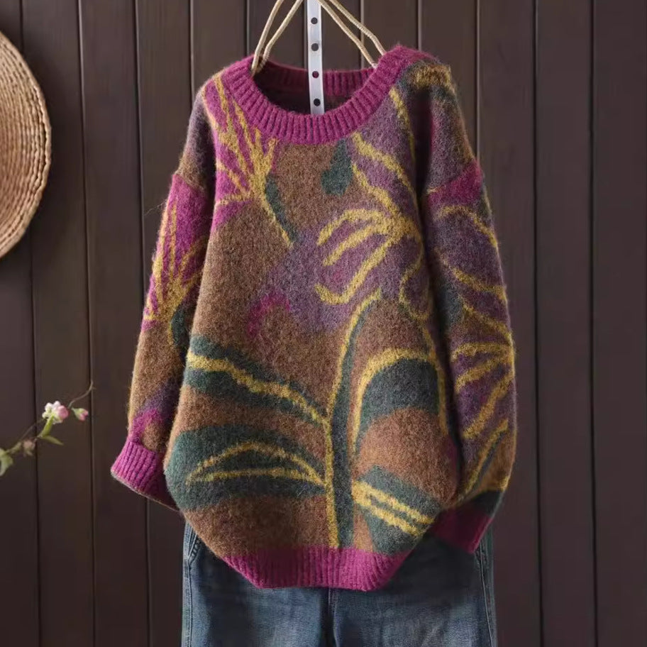 Round Neck Floral Print Retro Style Artistic Sweater