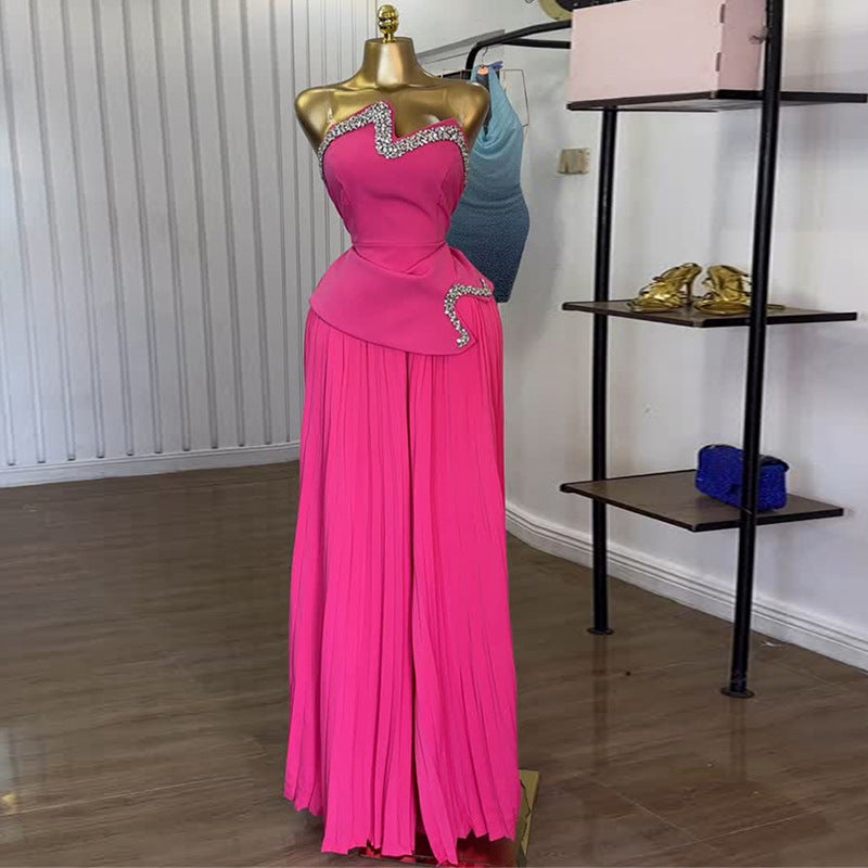 Tube Top Irregular Top Pleated Wide-leg Pants Set