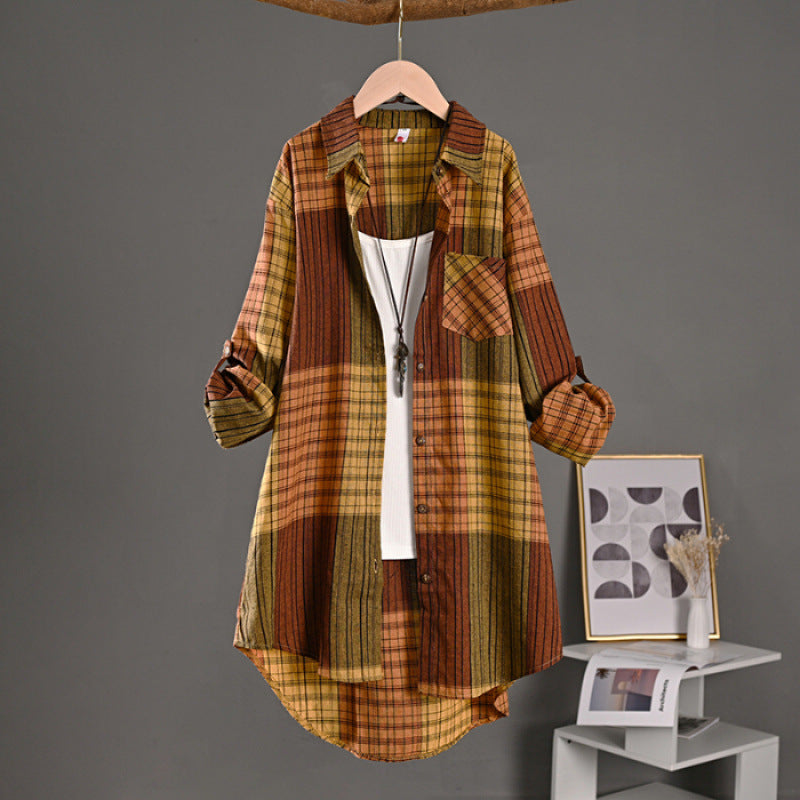 New Cotton-linen Top Retro Springfall Plaid Shirt