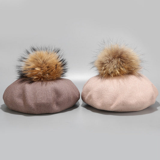 Ins Hat New Real Hair Ball Beret Women