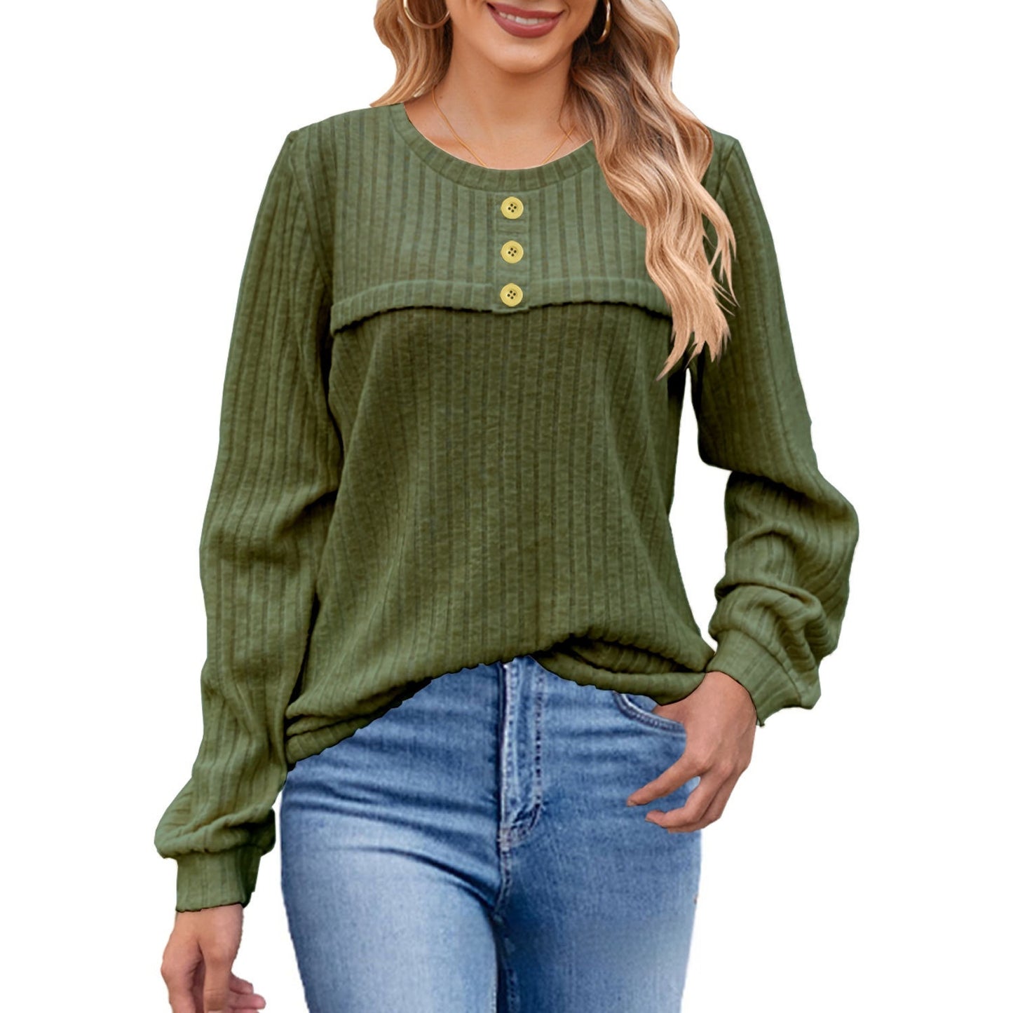 European And American Autumn And Winter Brushed Sunken Stripe Button Long-sleeved T-shirt Casual