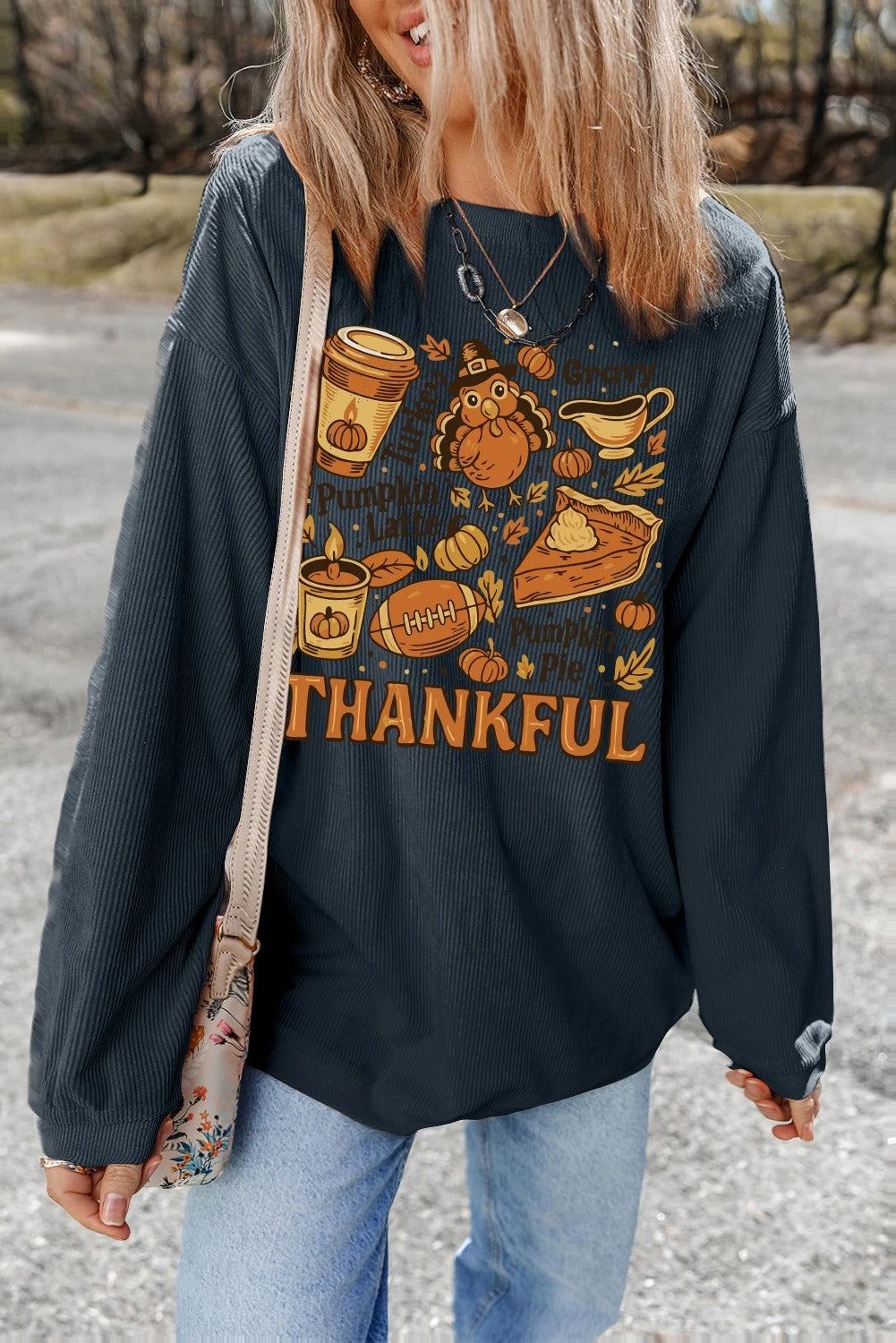 Women's Solid Color Loose Round Neck Print Long-sleeved Sweater