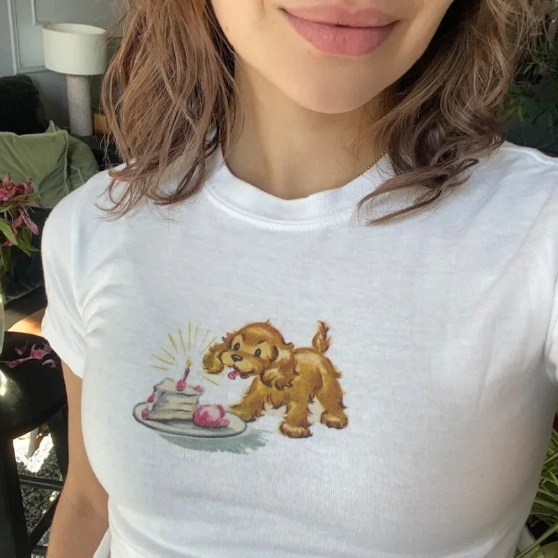 Cute Puppy Printed Slim Top Cropped Round Neck Short Sleeve Pullover