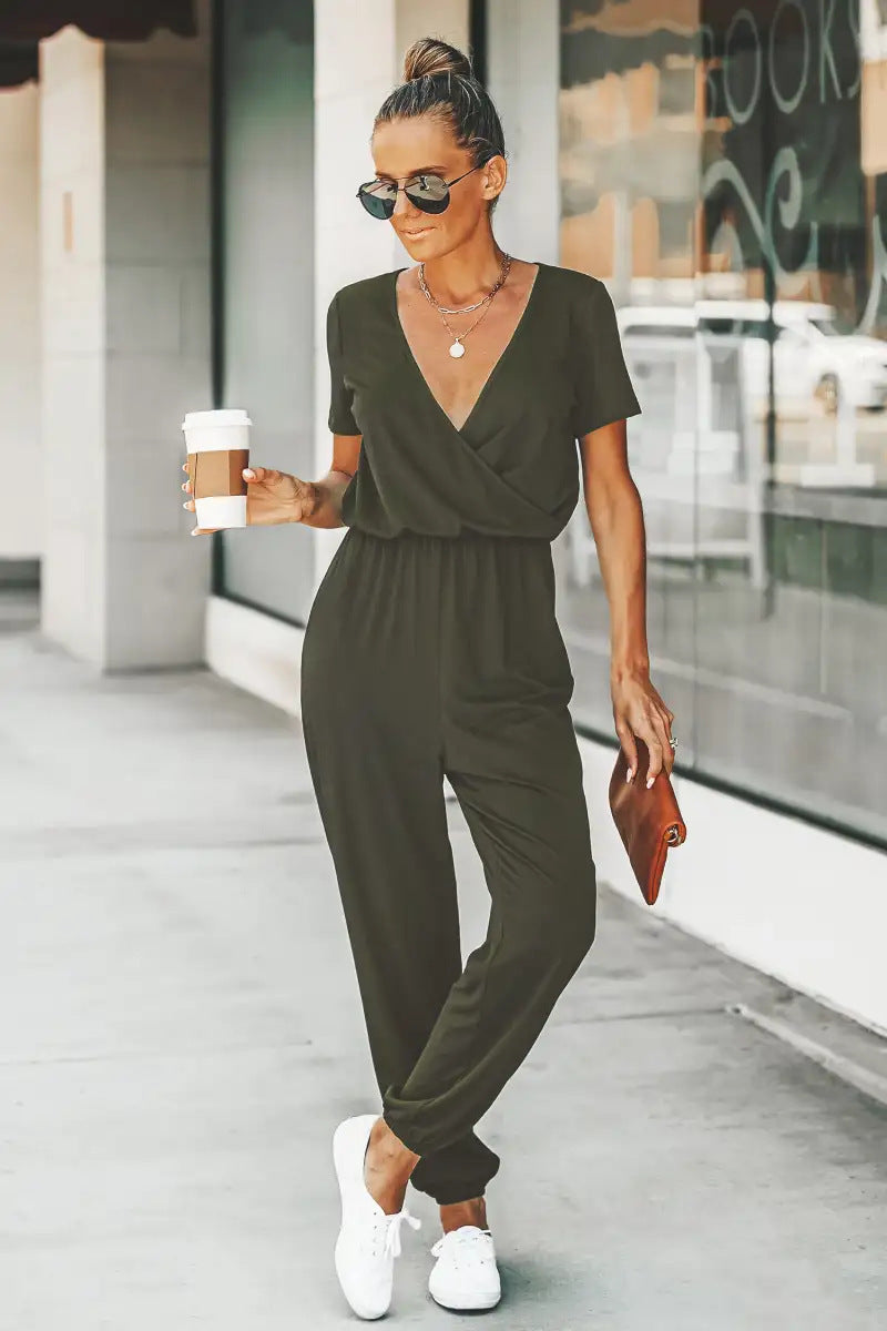 Cross V-neck Short Sleeved Lace Up Pocket Casual Jumpsuit