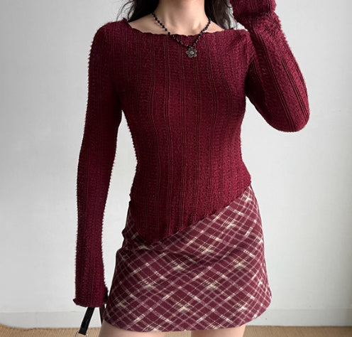 Retro Red Sweater Women's Irregular Hem Slim Fit Bottoming Top