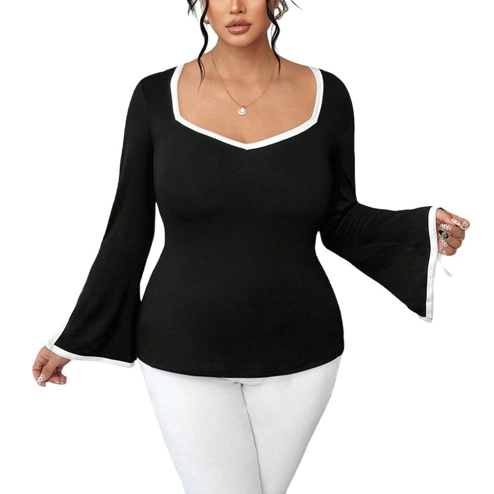 Black Socialite Style Square-neck Flared Sleeve Slimming Top
