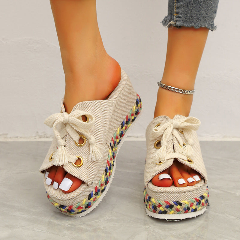 Fish Mouth Linen Platform Beach Sandals