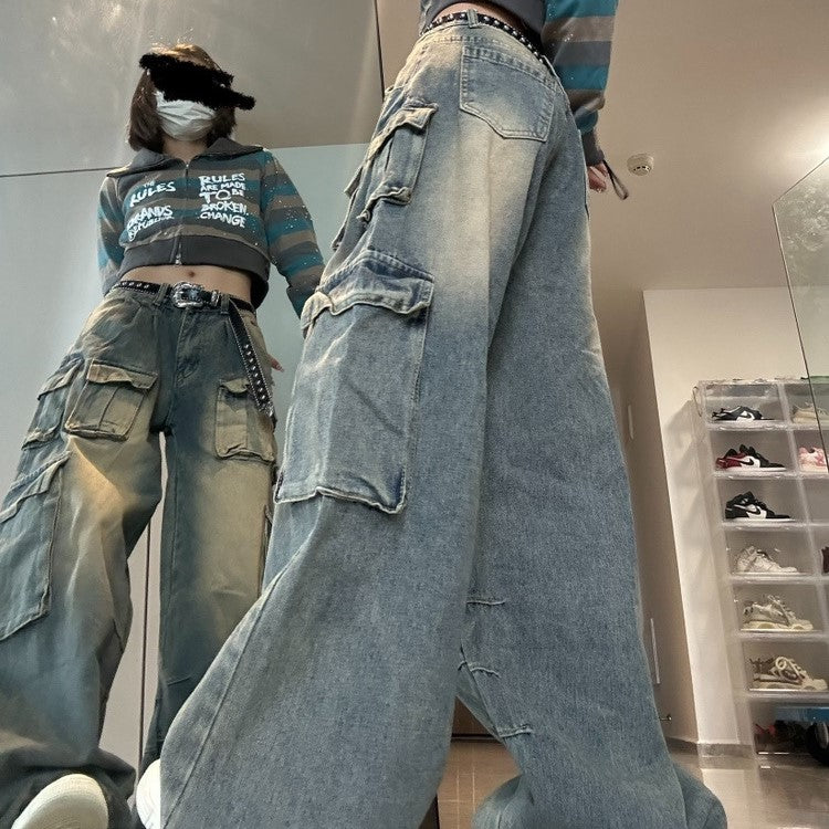 American Multi-pocket Workwear Jeans Women's Wide Leg Loose Washed Distressed Pants