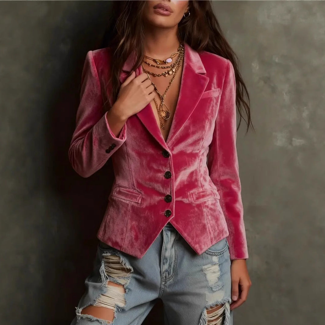 Womens Long-sleeve Shirt-collar Velvet Blazer