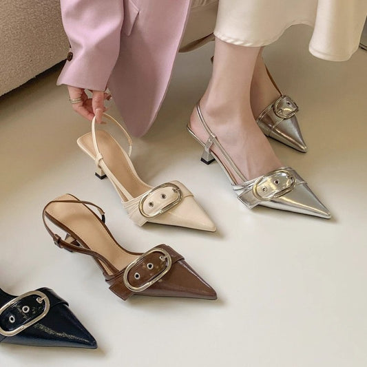 Niche French Style Silver High Heels, Closed Toe Slingback Sandals, Elegant Pointed Toe Flats, 2026 Spring&Summer New Arrival Fairy Style Women's Shoes
