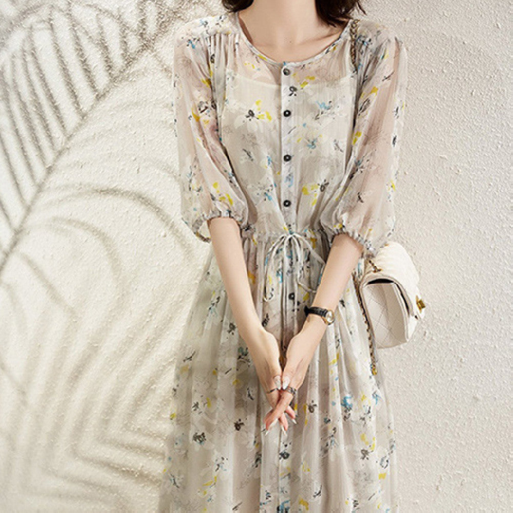 Fragmented Floral Long Skirt French Short Sleeved