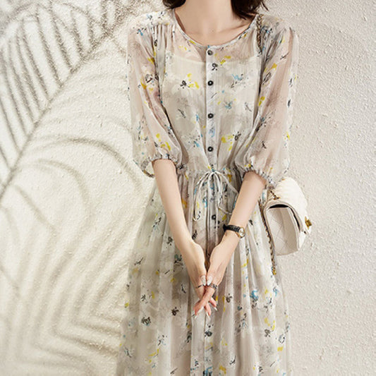 Fragmented Floral Long Skirt French Short Sleeved