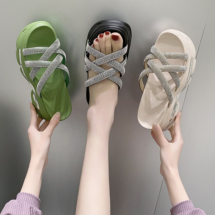 Women's Rhinestone Heightening One Word Slippers