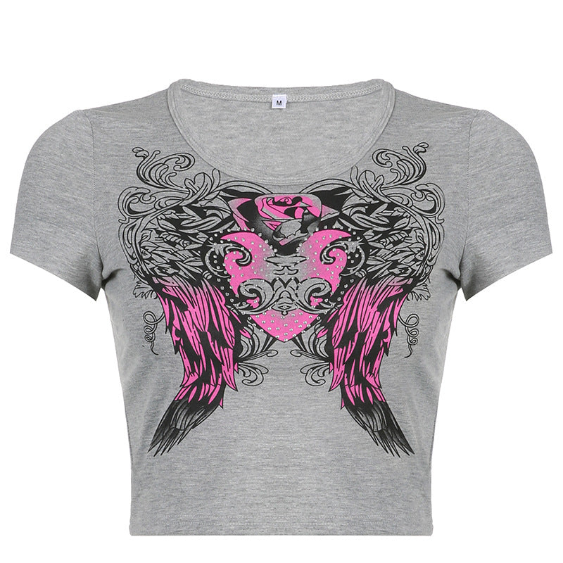 Hot Diamond Printing Spice Retro Short Sleeve T Shirt Women Autumn