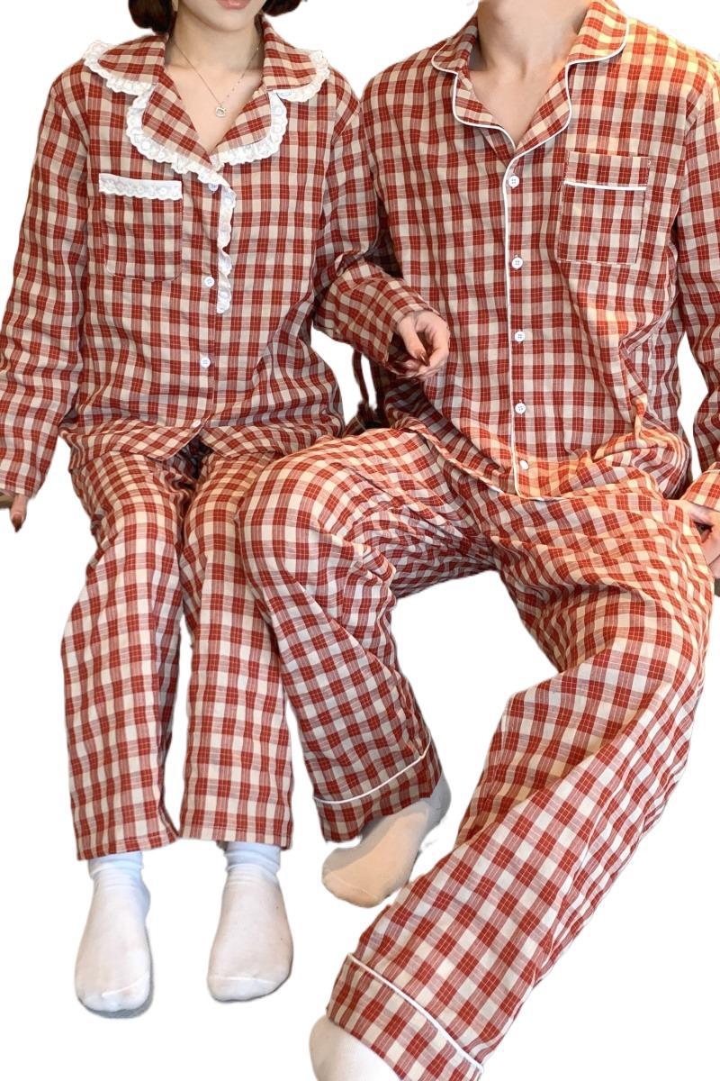 Pure Cotton Plaid AutumnWinter Long-Sleeve Pants Loungewear Set