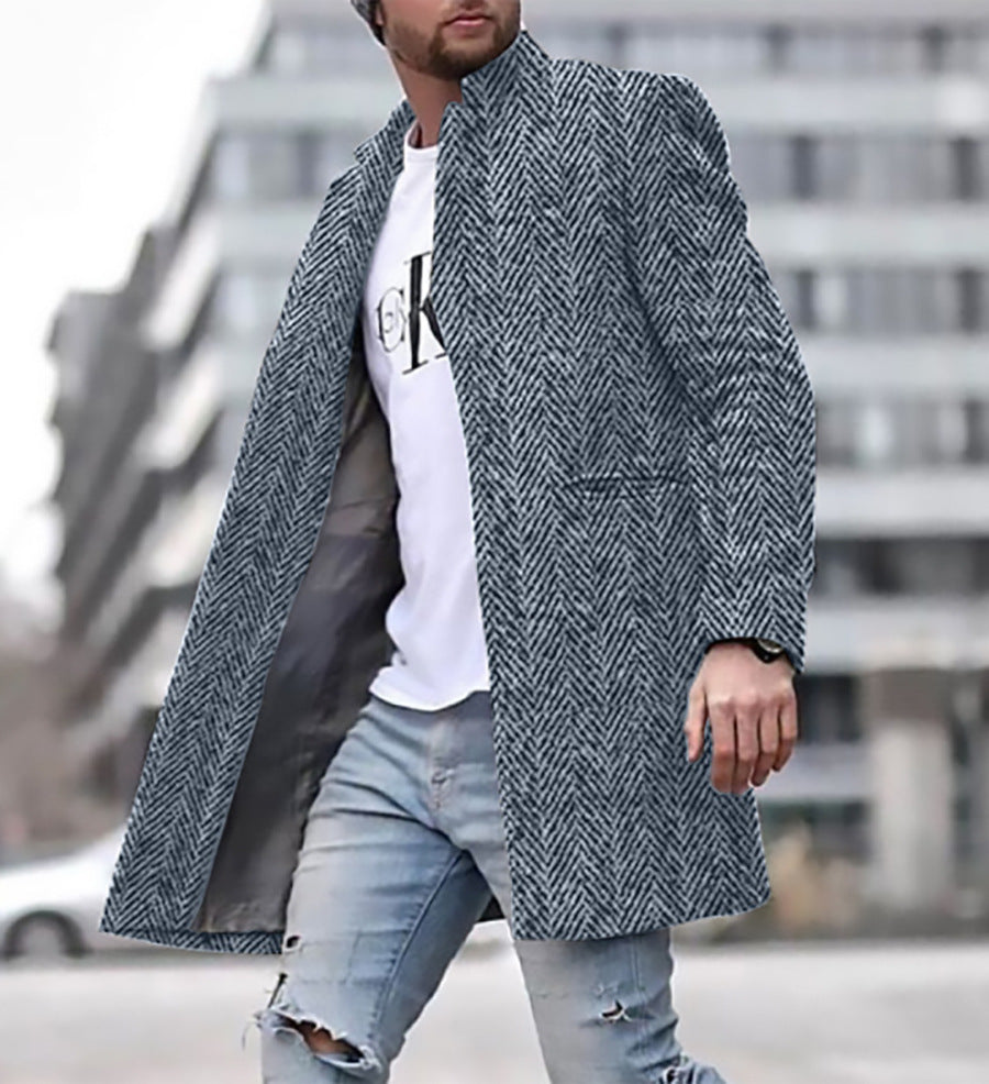 Fashion Casual Men's Herringbone Stand-up Collar Mid-length Woolen Trench Coat