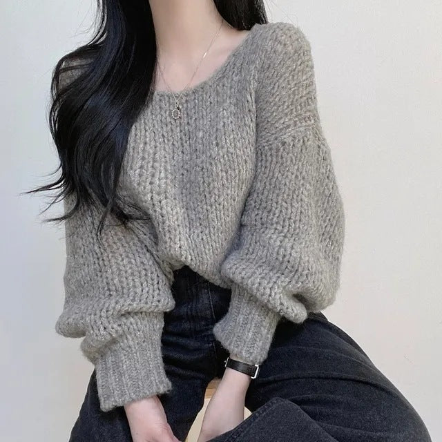 Simple Pullover Drop-shoulder Sleeve Loose Thick Knit Knitwear