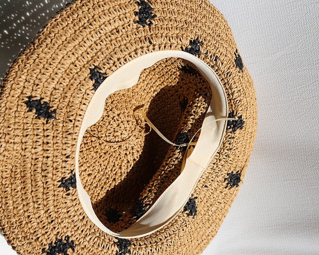 Sunshade Straw Hat Hand Knit Crochet Feather Polka Dot