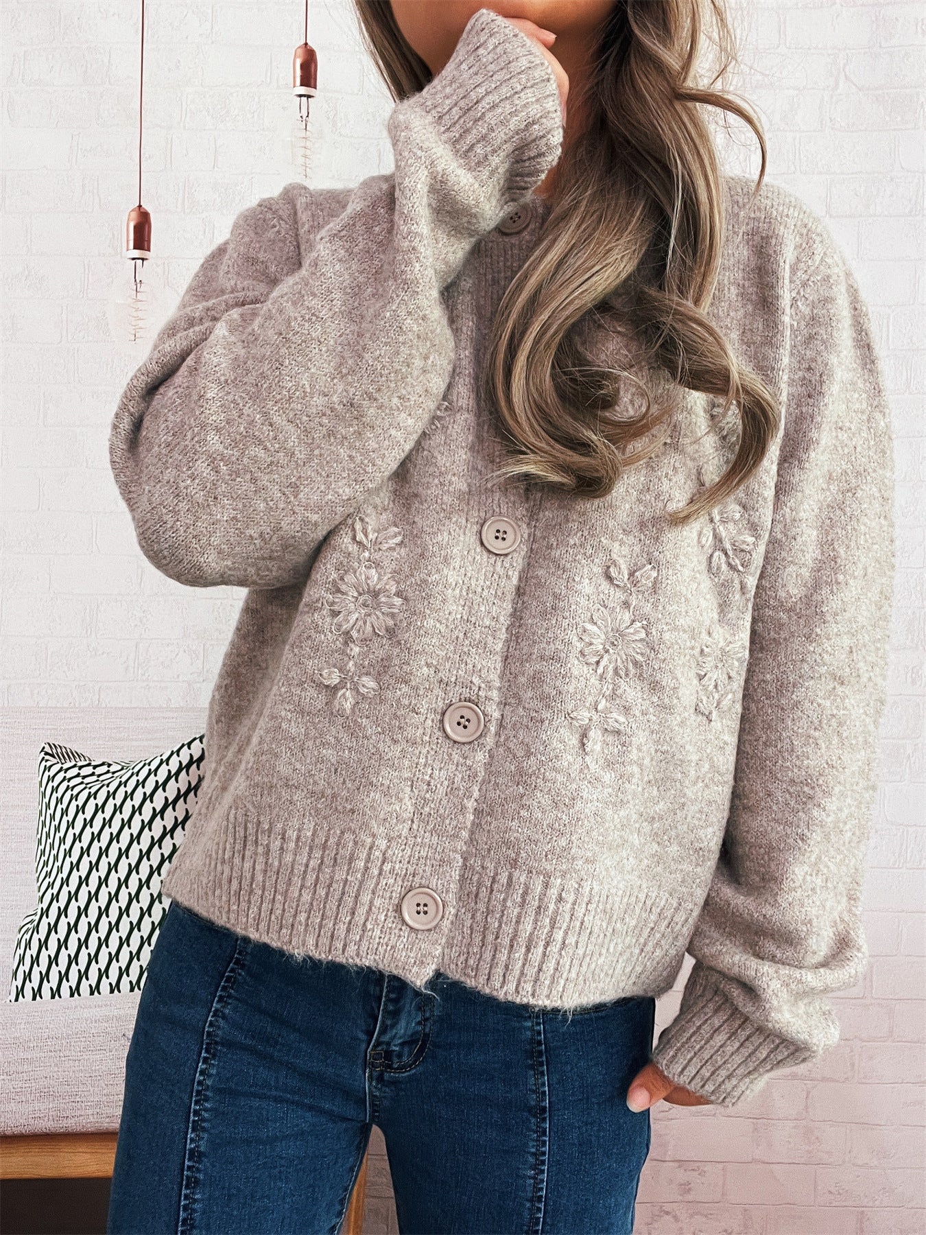 Simple Casual Flower Cardigan Round Neck Long Sleeve Sweater