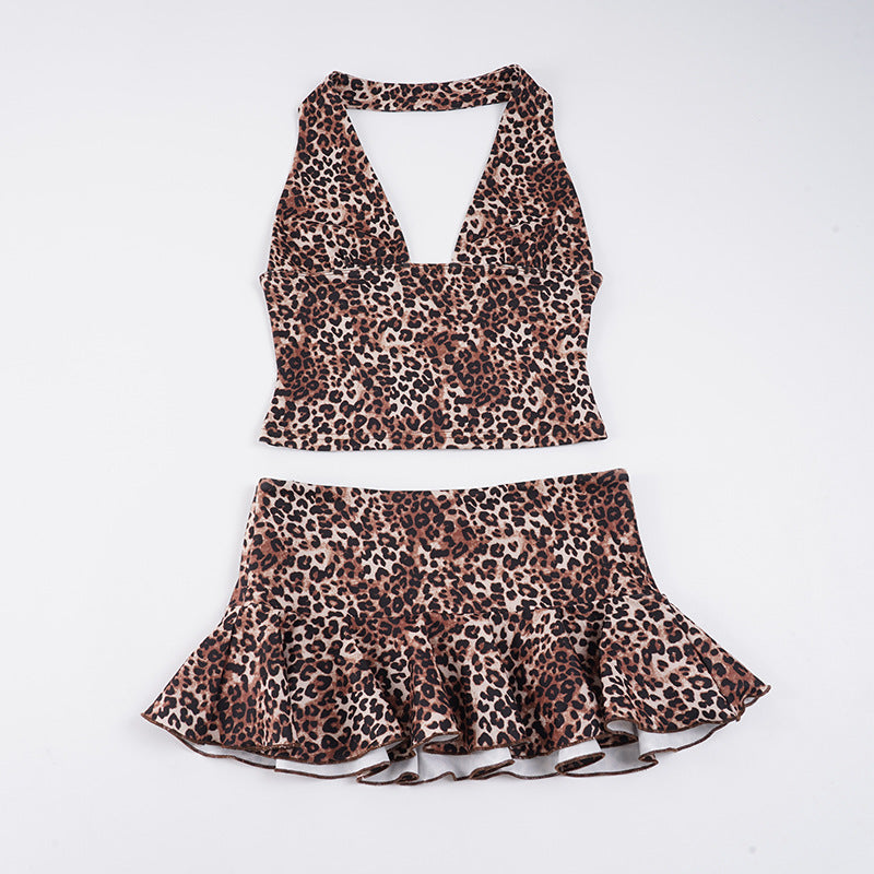 Leopard-print Halterneck Two-piece Set Vacation-style Womens Outfit