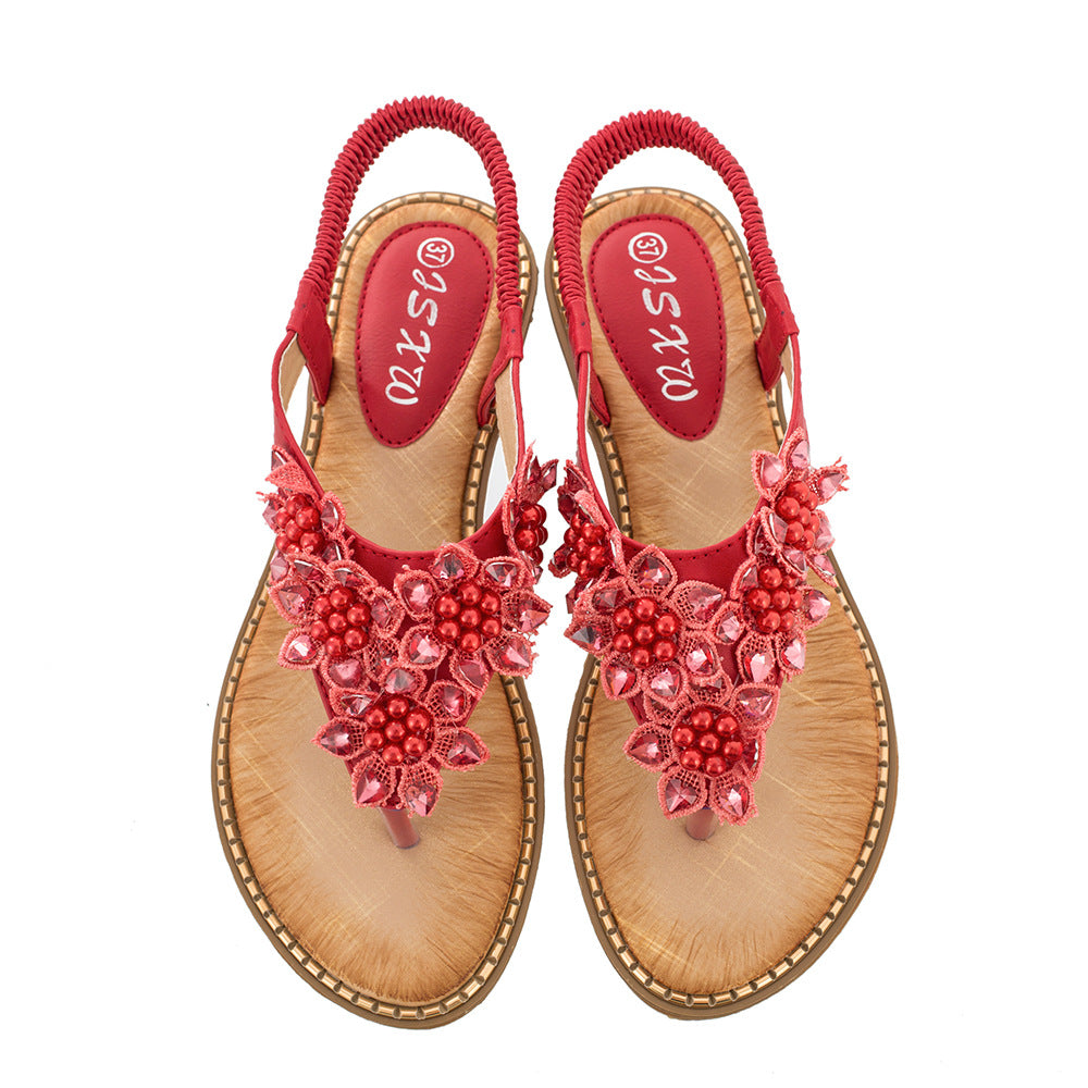 Bohemian Style Handmade Flower Round Toe Flip Flops Women's Fashion All-match Trend Sandals
