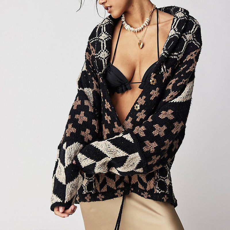 Abstract Print Turn-Neck Loose-Fit Long-Sleeve Knitted Sweater For Women