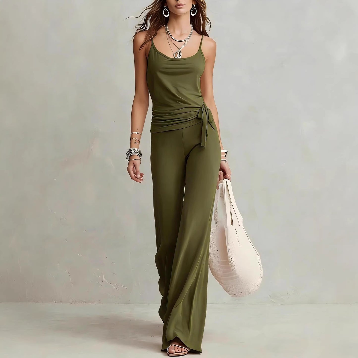 Casual Camisole Top And High-waisted Wide-leg Pants Set