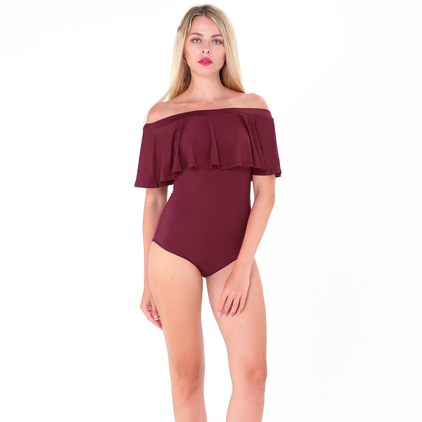 Women's Simple Solid Color Ruffle Tight One Piece Swimsuit