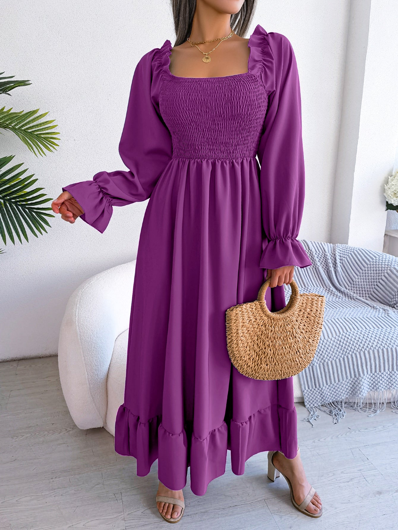 Women's Casual Square Neck Bell Sleeve Flowy Ruffle Maxi Dress