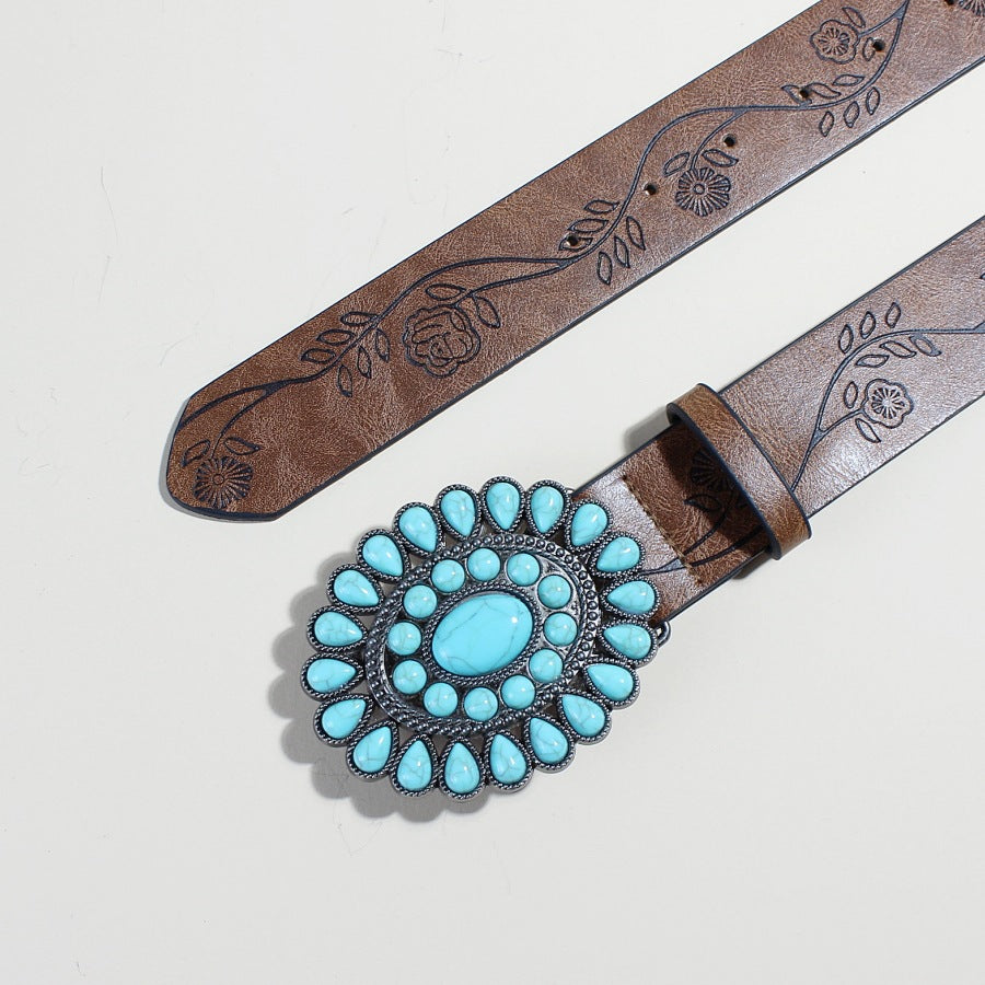 Flow New Rose Pattern Printed Green Pine Beads Alloy Buckle Characteristic Belt Female