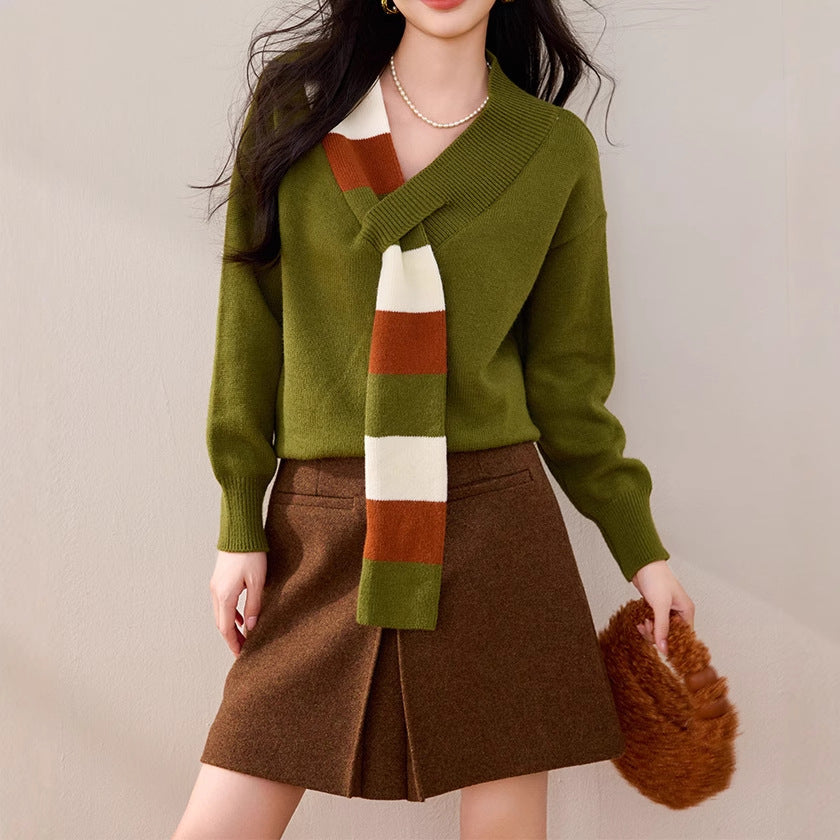 Niche Stribet V-hals Sweater Dame Alsidig Falsk Todelt Frakke