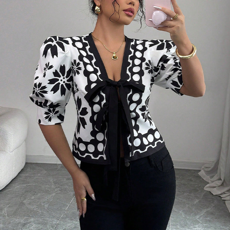 Summer New French Pattern Lantern Half Sleeve Shirt
