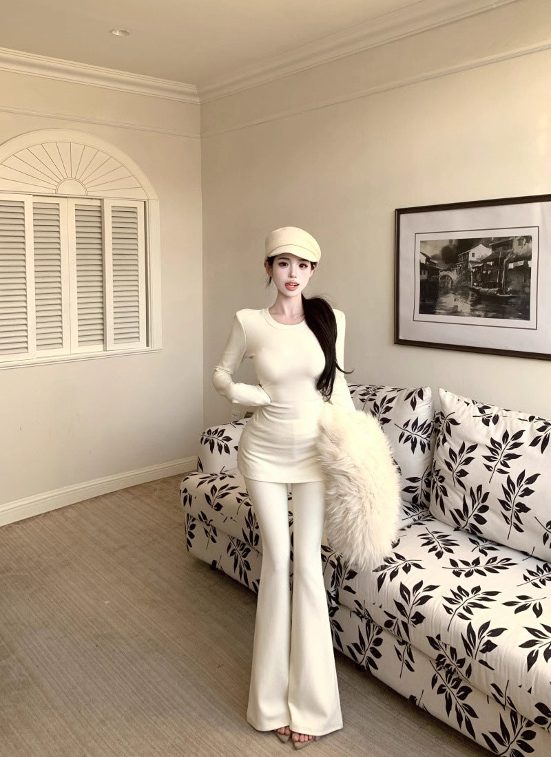 Slimming Round-neck T-shirt And Flared Pants Two-piece Set