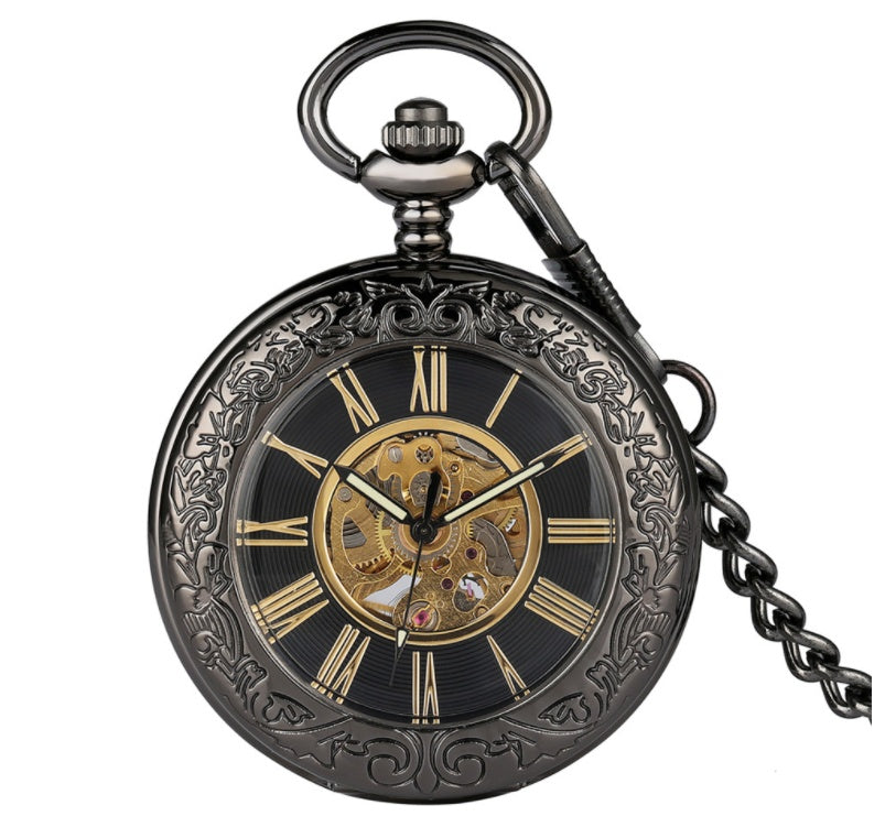 Flip Cover Transparent Carved Magnifying Glass Automatic Engraving Mechanical Pocket Watch