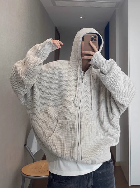 Light Gray Loose-Fit Hooded Zip-Up Sweater Jacket For Men