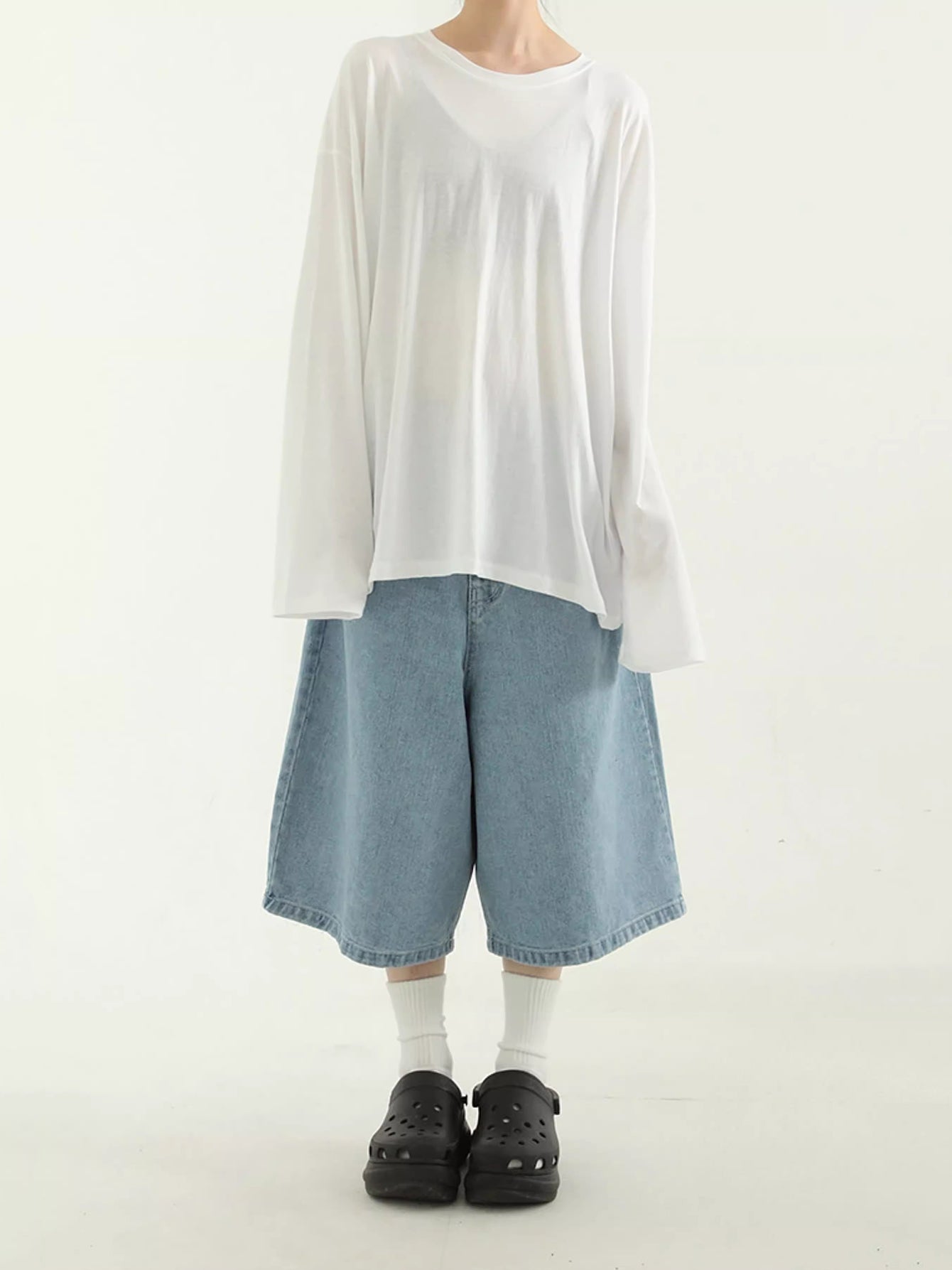 American Retro Denim Cropped Pants Women's Elastic Waist Straight Wide Leg Loose Thin Over The Knee