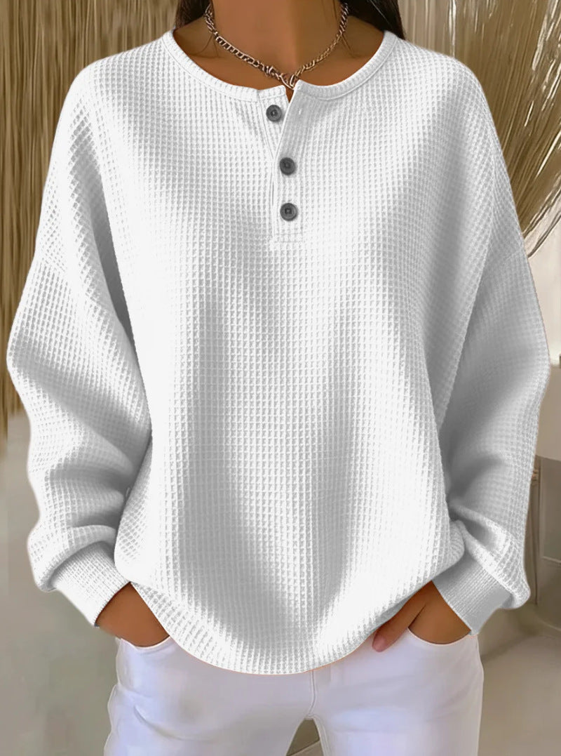 Ins Waffle Langærmet T-shirt Mode Ensfarvet Knapper Rund Hals Pullover Top Damebeklædning