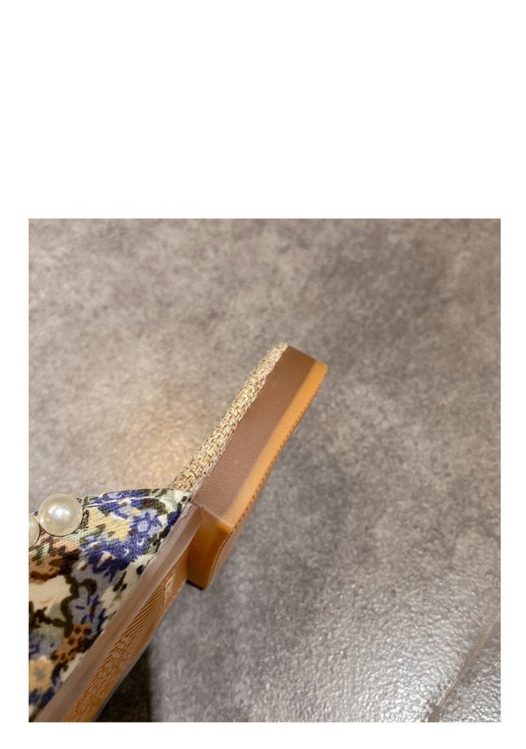 Baotou Bow Flat Slippers Women's Floral Beaded Sandals