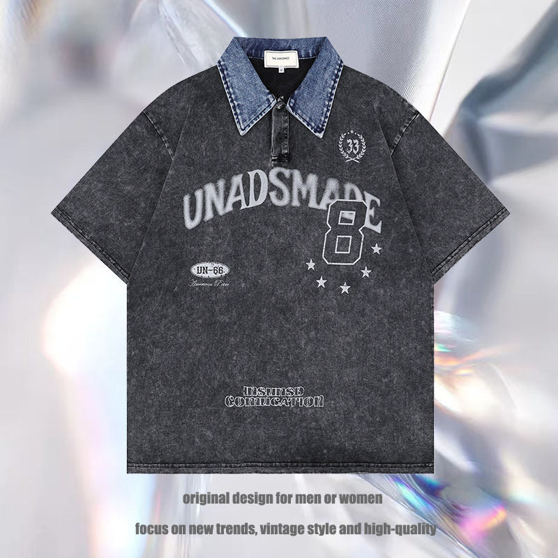 Washed Letter Print Contrast Color Denim Lapel Short Sleeve T-shirt