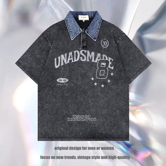 Washed Letter Print Contrast Color Denim Lapel Short Sleeve T-shirt