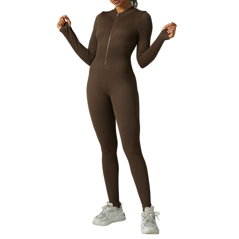 High-Intensity Fitness Jumpsuit With Zipper And Long Sleeves For Workouts