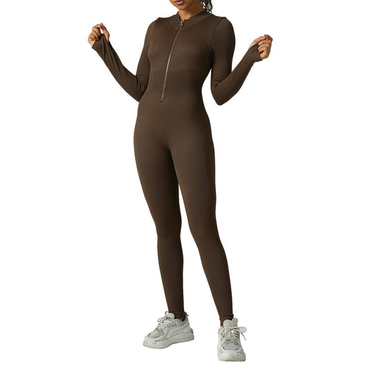 High-Intensity Fitness Jumpsuit With Zipper And Long Sleeves For Workouts
