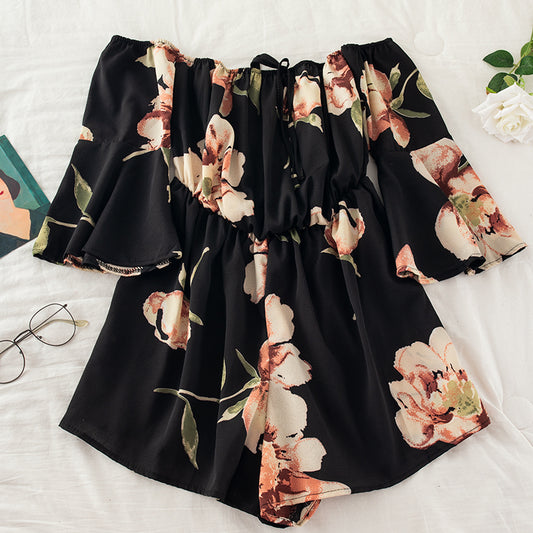 Off-the-shoulder Tie-flare-sleeve Floral-print Jumpsuit