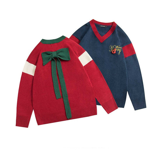 Color-blocking Bow V-neck Sweater Women's Loose Christmas Sweater