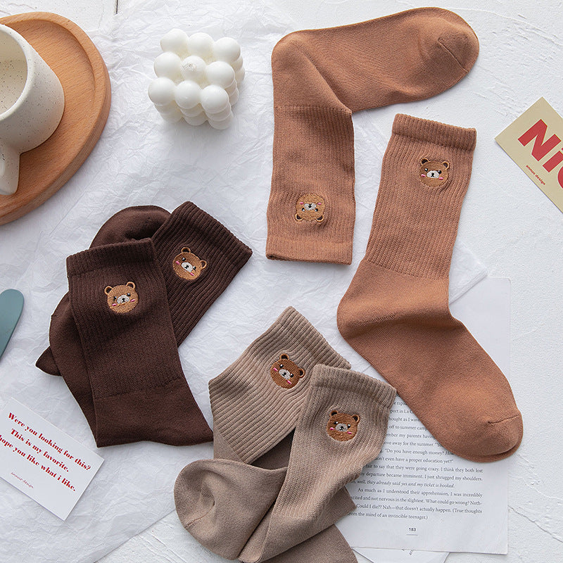 Female Japanese College Style Cute Cartoon Bear Embroidered Socks